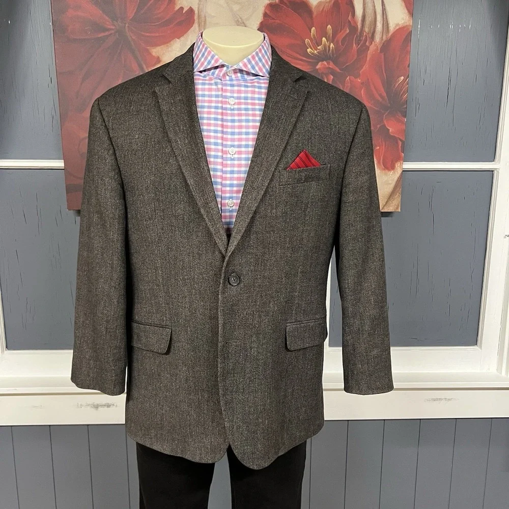 Kenneth Cole Blazer Mens 46S Short Slim Fit Wool Cotton Stretch Brown Flannel